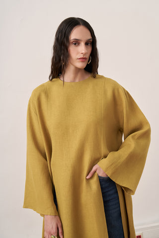 Serena Yırtmaçlı Keten Bluz Olive